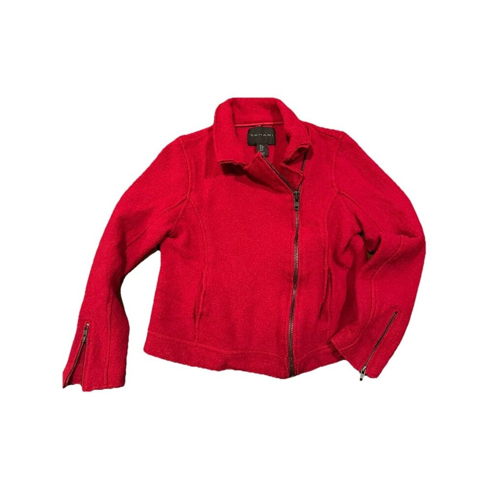 TAHARI Women’s Sz M Red Wool Blend Full Zip Moto Jacket Blazer